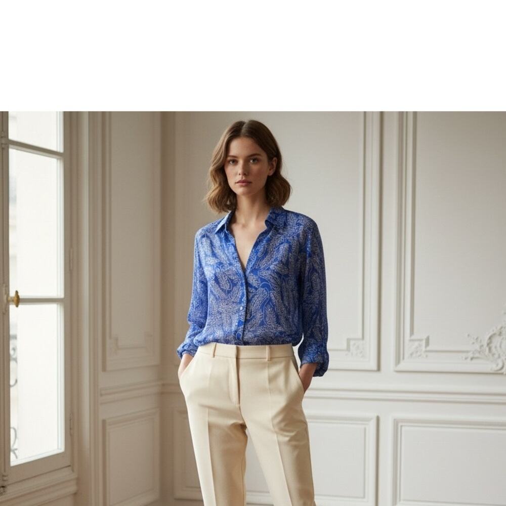 Diane Von Furstenberg Blue Leaf Print Silk Sheer Top 2 - Picture 10 of 10